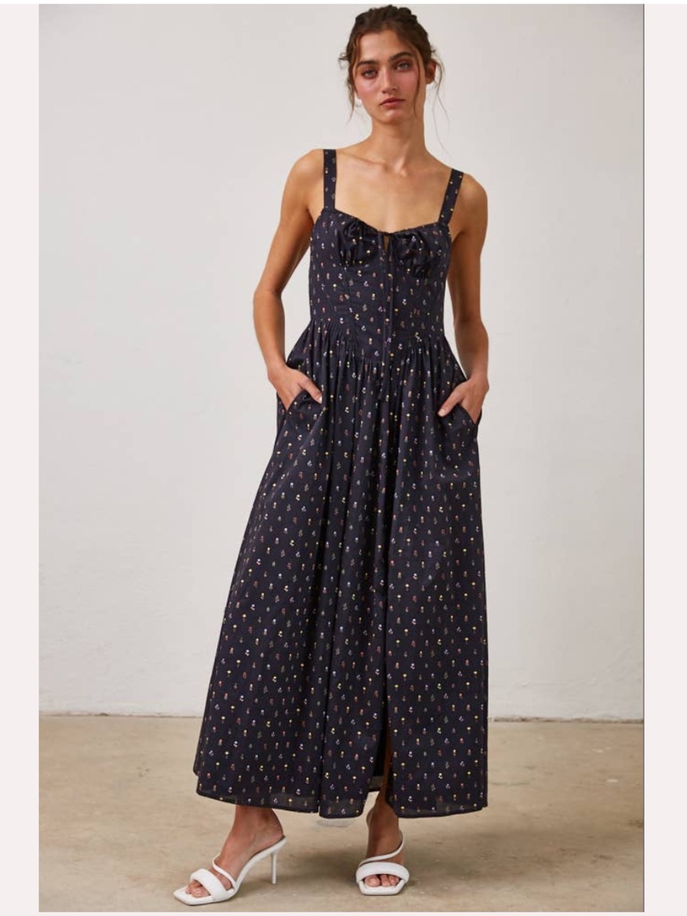 ✨ Creamon Black Ditsy Floral Corset Bodice Cottagecore Midi Dress ✨
